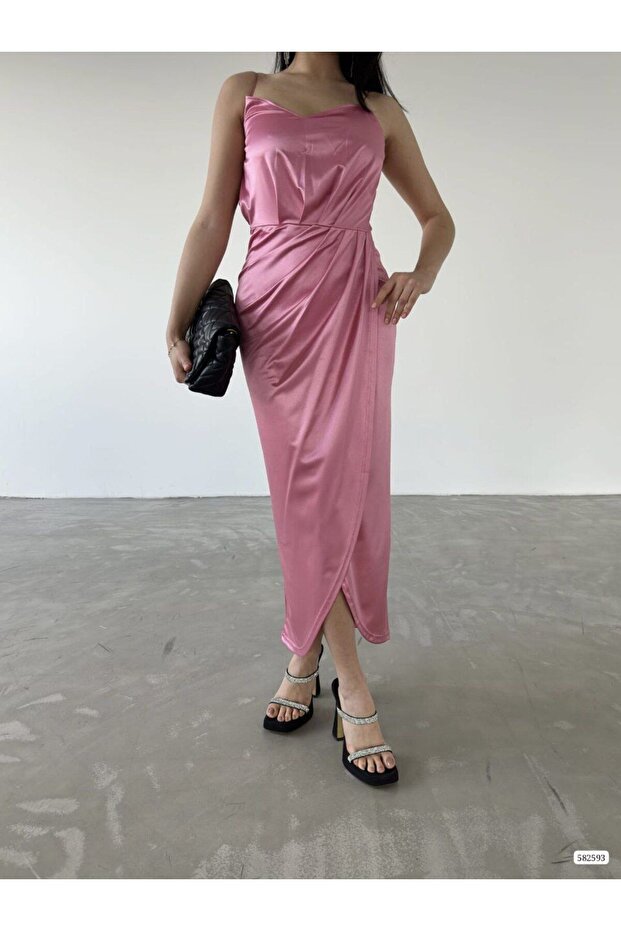 SATEN KUMAŞ ASKILI YIRTMAÇ DETAY ELBISE - 1