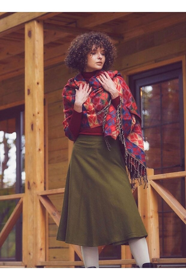 Haki Midi Boy Kloş Bohem Anvelop Etek - 1