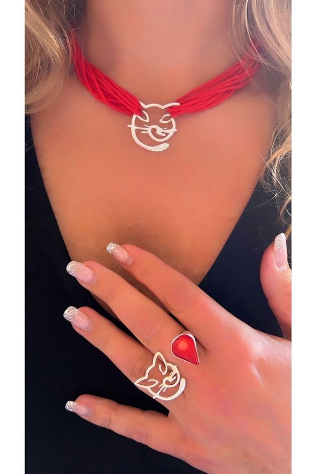 925 Ayar Gümüş Kolye Küpe Yüzük Kök Mercan Kedili Set Takı - 2