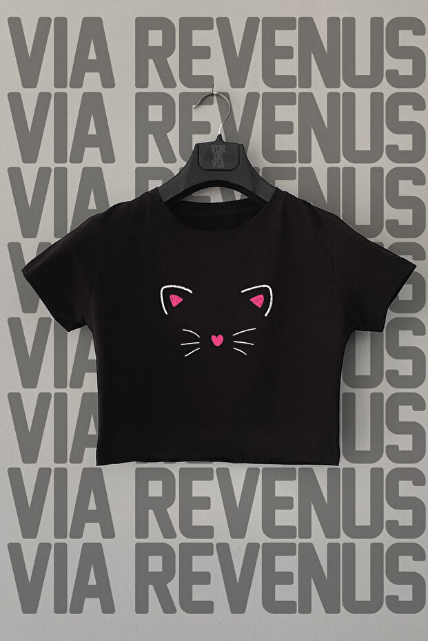 Cat Printed Slim Fit Crew Neck Stretch Fabric Black Cropped