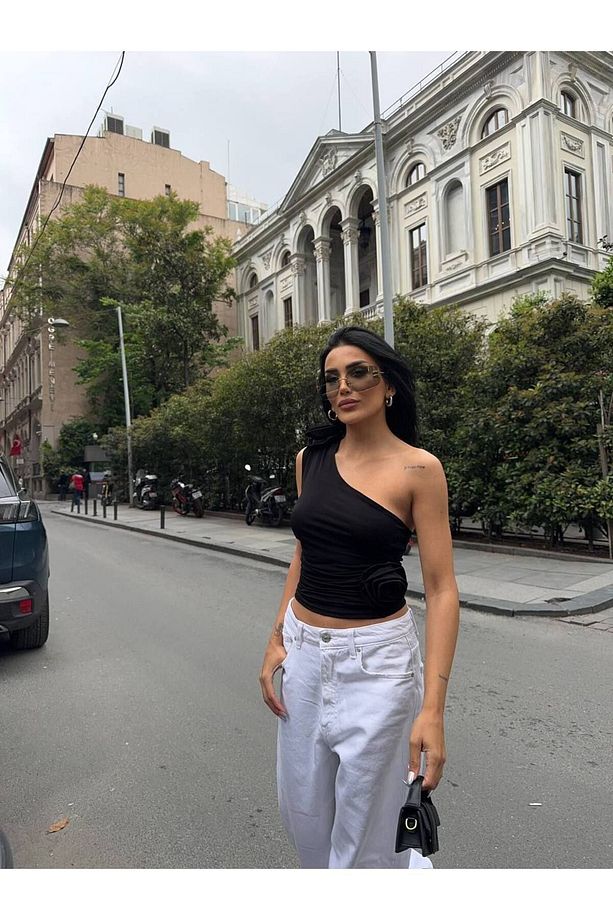 Kadın Tek Omuz Çift Güllü Bluz - 1