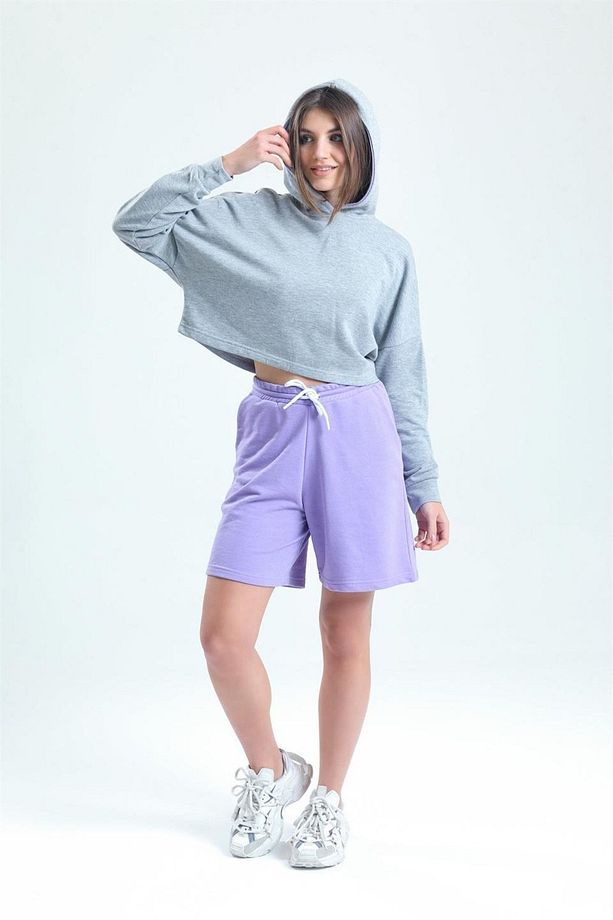 Lila Yüksek Bel %100 Pamuk Basic Rahat Sweat Şort - 3