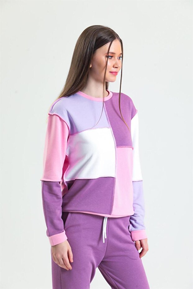 Pembe Basic Parçalı Patchwork Sweatshirt - 4