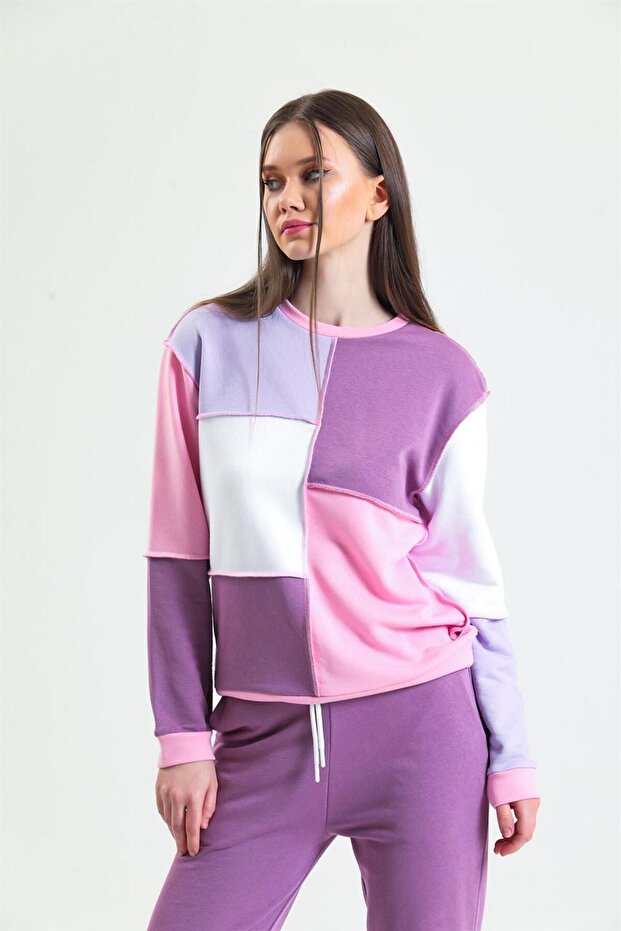 Pembe Basic Parçalı Patchwork Sweatshirt - 1