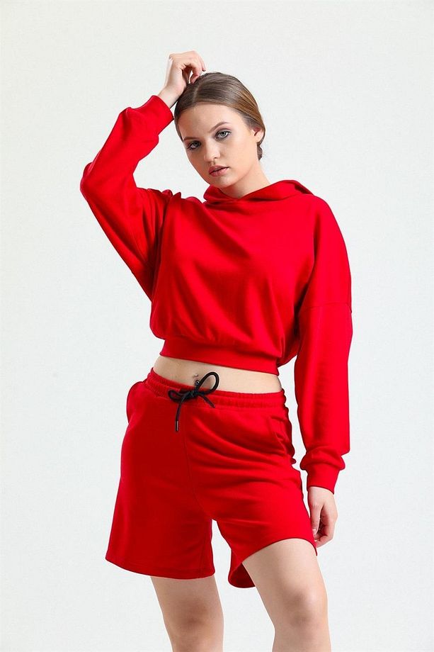 Kırmızı Yüksek Bel %100 Pamuk Basic Rahat Sweat Şort - 4