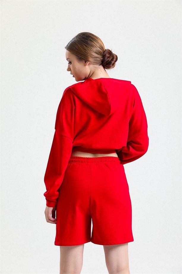 Kırmızı Yüksek Bel %100 Pamuk Basic Rahat Sweat Şort - 5