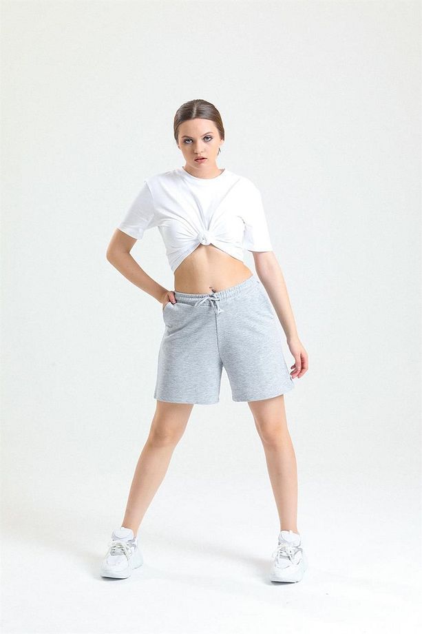 Gri Melanj Yüksek Bel Pamuklu Basic Rahat Sweat Şort - 3