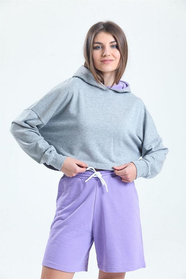 Lila Yüksek Bel %100 Pamuk Basic Rahat Sweat Şort - 2