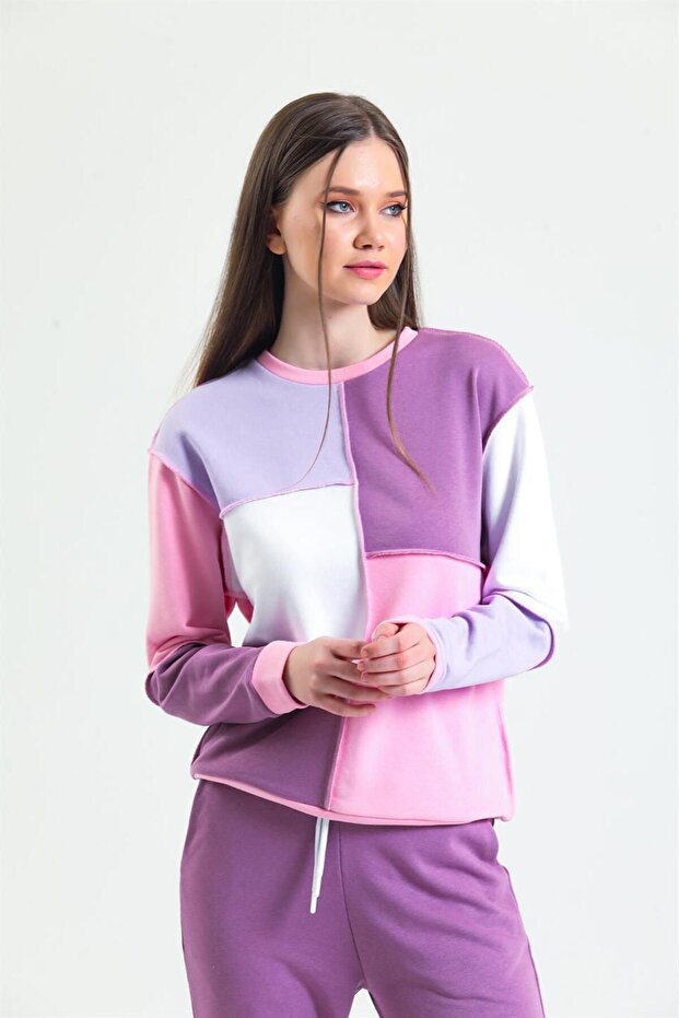 Pembe Basic Parçalı Patchwork Sweatshirt - 2