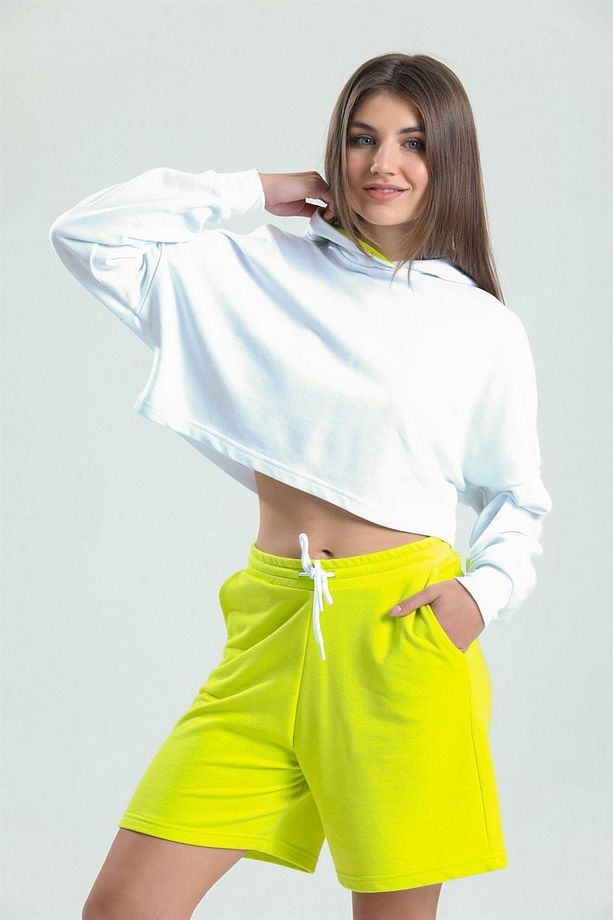 Limon Sarısı Yüksek Bel %100 Pamuk Basic Rahat Sweat Şort - 2