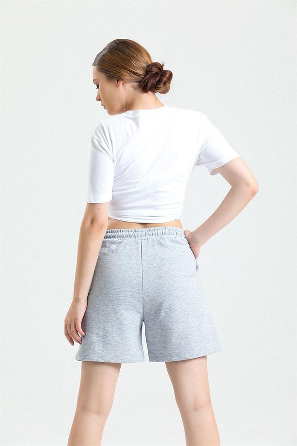Gri Melanj Yüksek Bel Pamuklu Basic Rahat Sweat Şort - 4