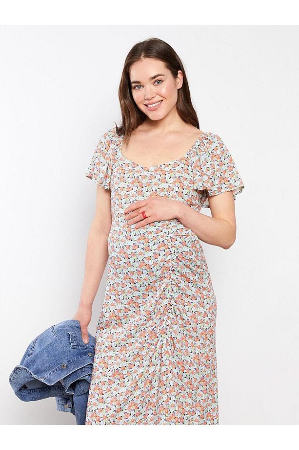 LCWAIKIKI Maternity Kare Yaka Desenli Kısa Kollu Viskon Hamile Elbise - 2