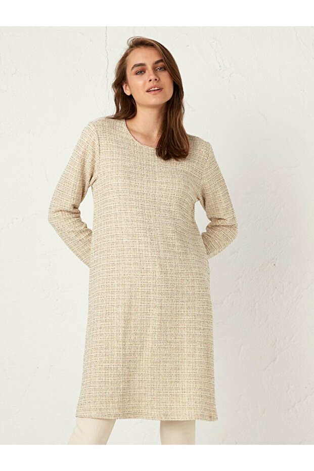 Women's Ecru Jacquard Crew Neck Plain Tunic