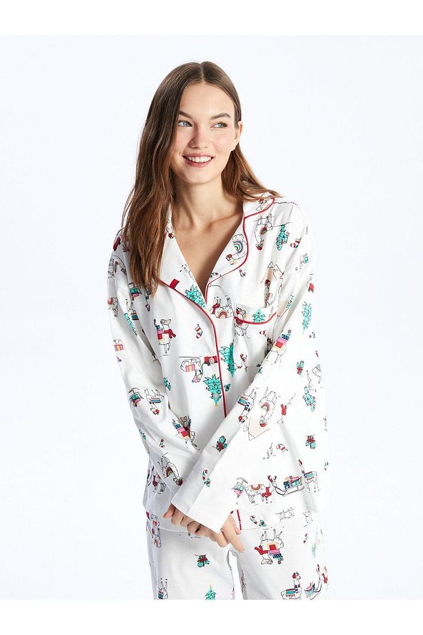 Gömlek Yaka Yılbaşı Temalı Uzun Kollu Kadın Pijama Takımı - 3