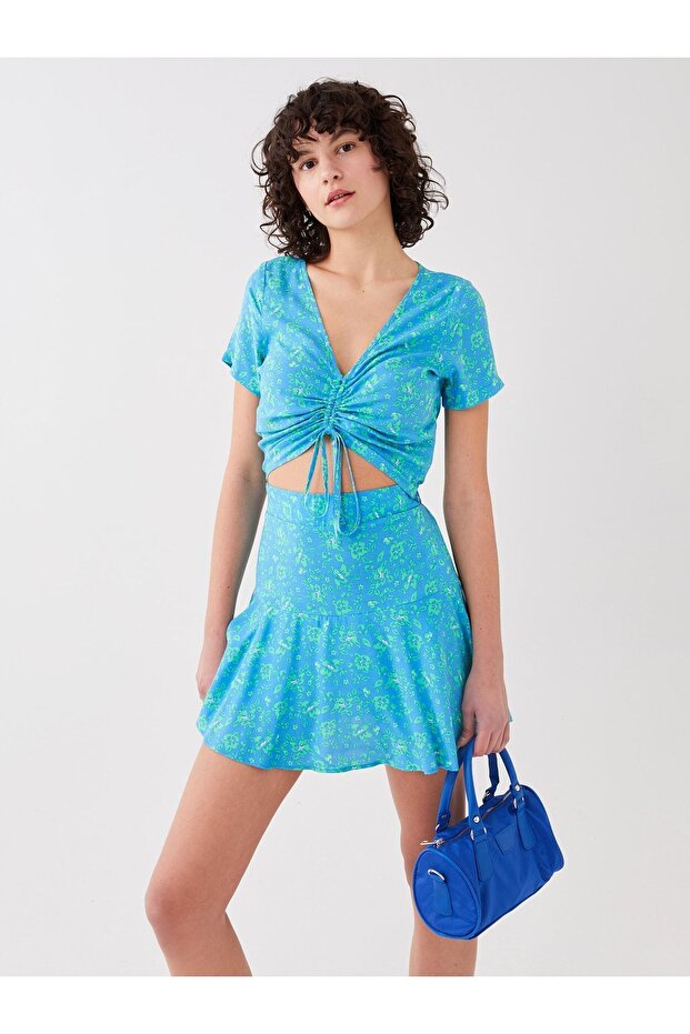 Xside V-Neck Floral Short Sleeve Crop Women's Blouse (S3)