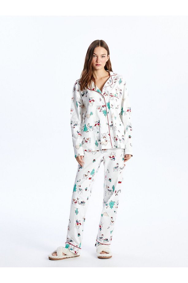 Gömlek Yaka Yılbaşı Temalı Uzun Kollu Kadın Pijama Takımı - 4