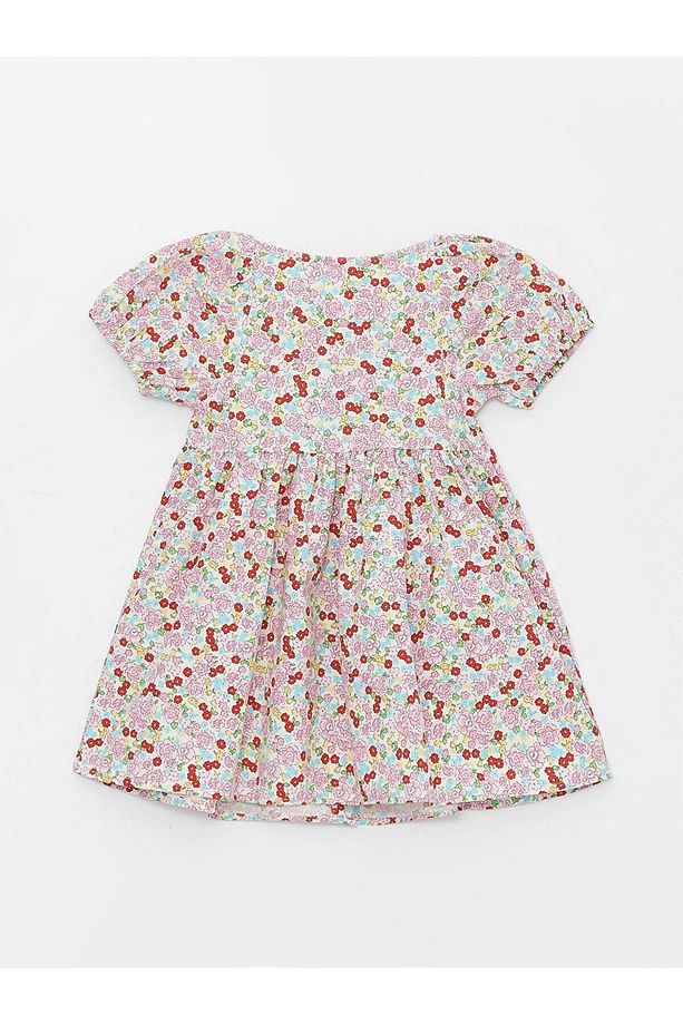 LCW baby Kare Yaka Çiçek Desenli Kız Bebek Elbise - 5