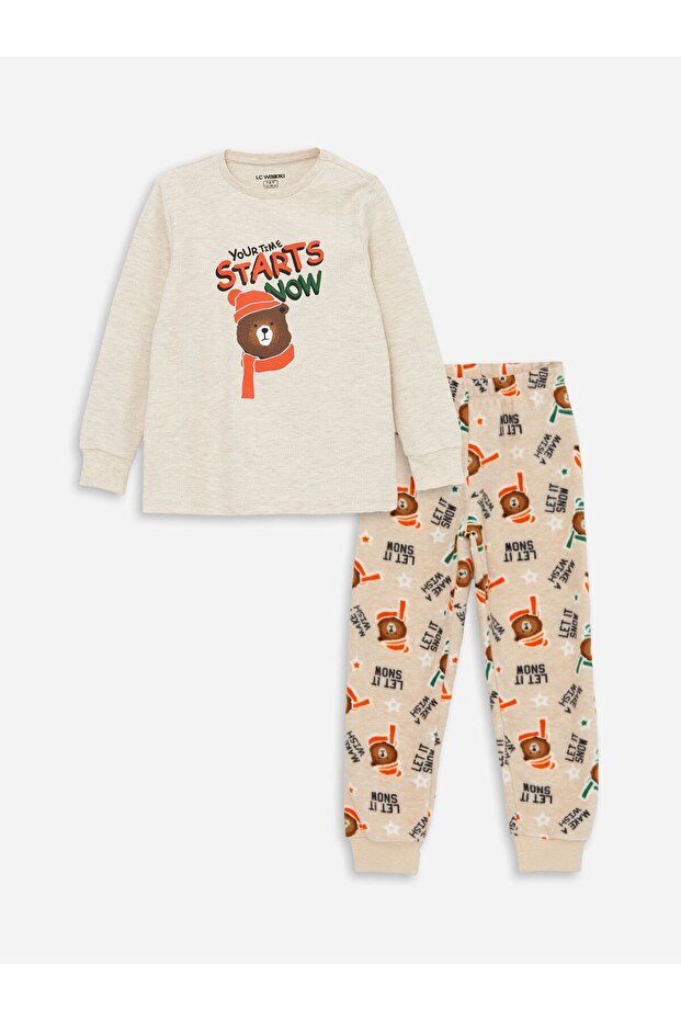 Crew Neck Printed Long Sleeve Boy's Pajama Set