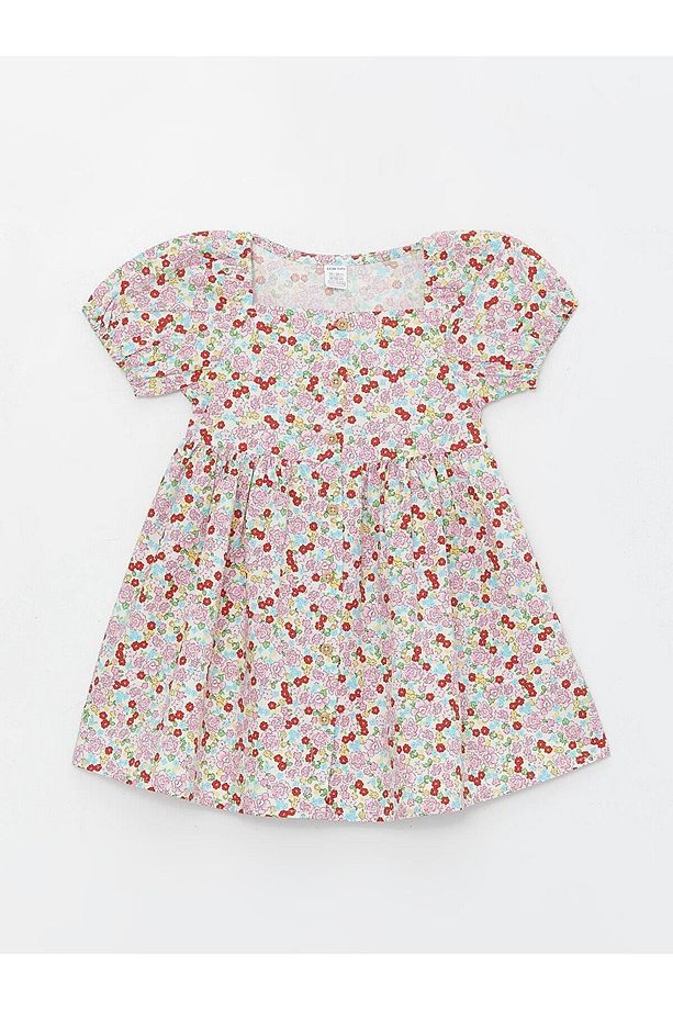 LCW baby Kare Yaka Çiçek Desenli Kız Bebek Elbise - 4