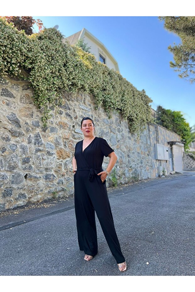 Siyah Kruvaze Yaka Viskon Örme Tulum - 7