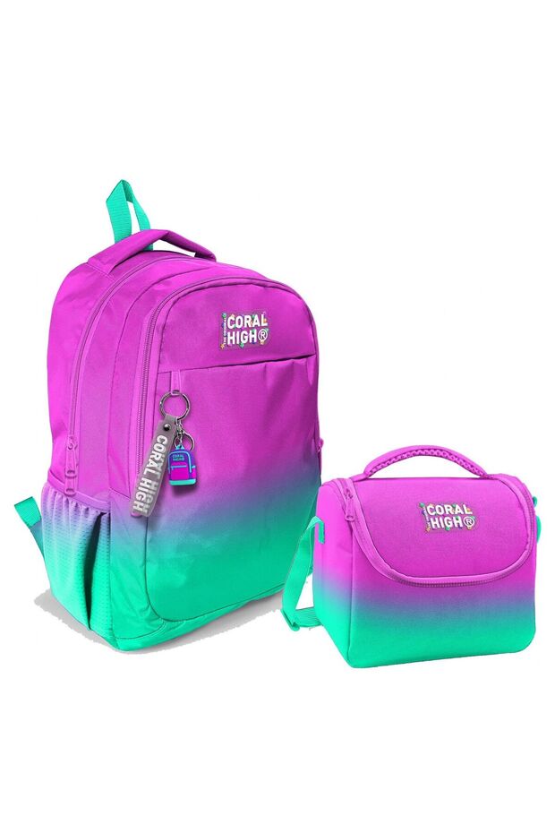 Girls' Three-Compartment Primary and Secondary School Backpack+ Lunchbox - Pink and Aqua Green Color Gradient