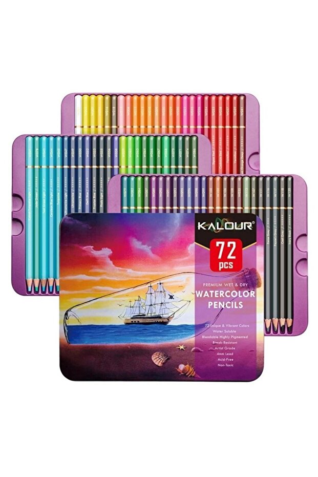 Genel Markalar Kalour Profesyonel Artist Aquarelle Sulu Boya Kalem Seti Metal Kutu 72li