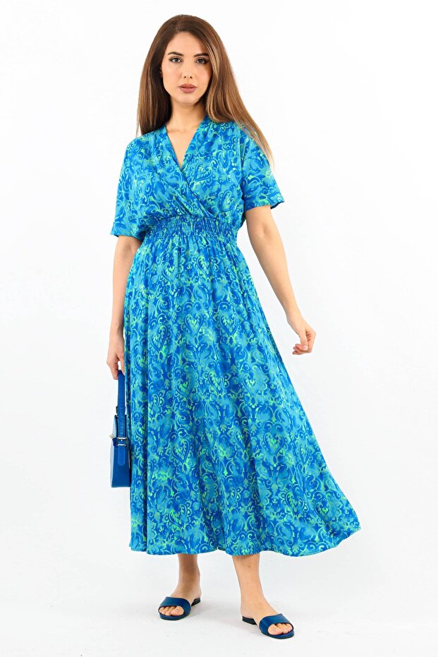 Woman aren blue turquoise midi length viscose dress