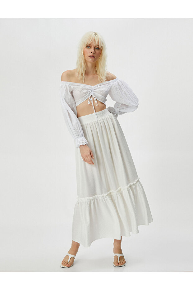 Viscose Long Skirt Flounced Textured High Waist Ruffles