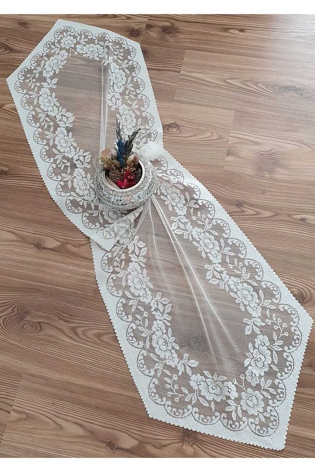 Güllü Desen Örme Tül Runner Örtüsü 40x140 (KREM) - 1