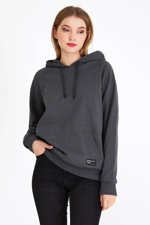 Kadın Antrasit Basic Kapüşonlu Regular Fit Rahat Sweatshirt - 1