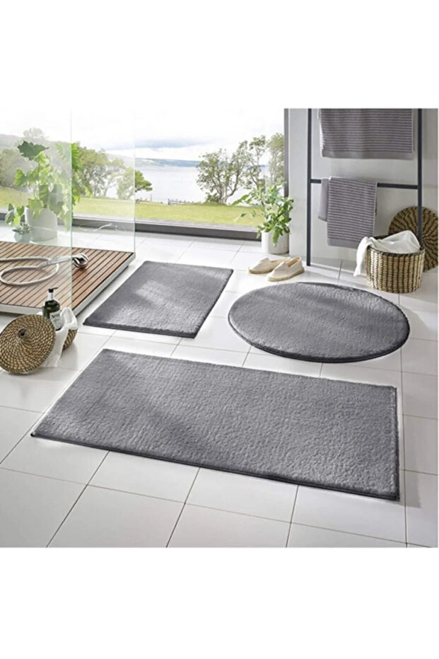 3-Piece Bathroom Mat Set Plush Carpet Toilet Set Gray 50X80-50X60--50X50 (Round)