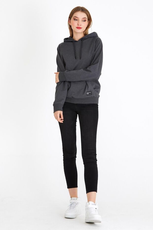 Kadın Antrasit Basic Kapüşonlu Regular Fit Rahat Sweatshirt - 4