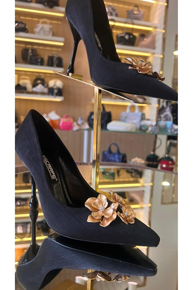 Women's Glittery Satin Rose Gold Stiletto Heel with Silver Stones