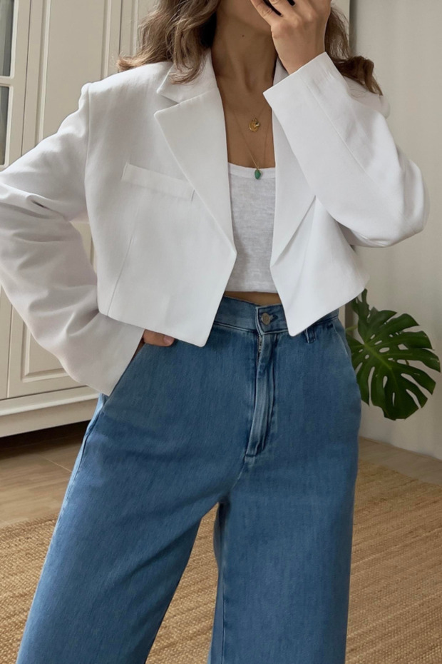 Kurze Leinenjacke - Weiß - 3