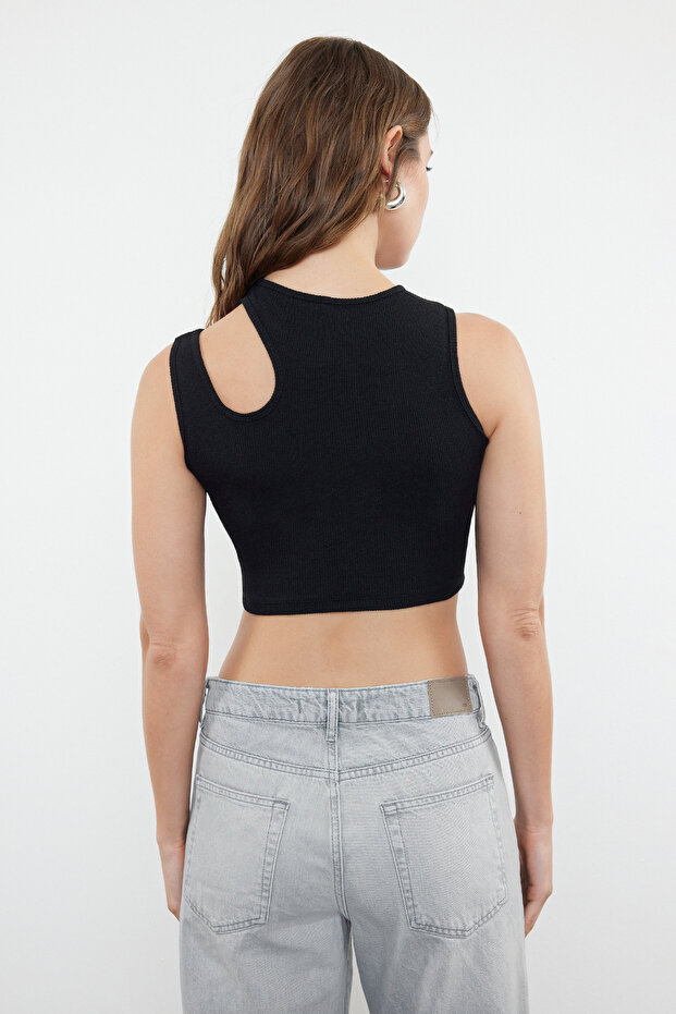 Siyah-gri melanj 2'li Paket Cut Out Detaylı Fitted Crop Fitilli Esnek Örme Atlet TWOSS23AL00006 - 4