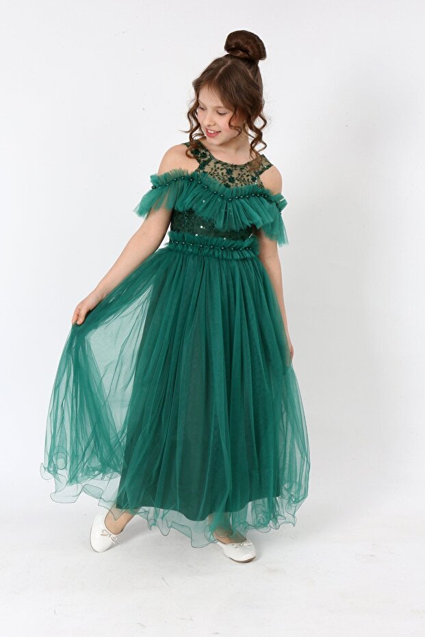 Kız Çocuk Tül Kumaş Işlemeli Astarlı Kolsuz Uzun Gece Parti Mezuniyet Zarif Abiye Elbise - 1