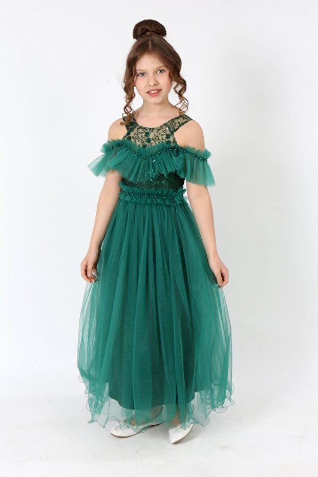 Kız Çocuk Tül Kumaş Işlemeli Astarlı Kolsuz Uzun Gece Parti Mezuniyet Zarif Abiye Elbise - 5