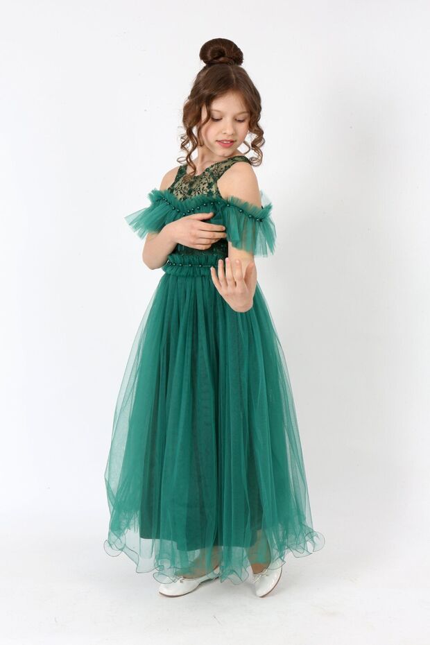 Kız Çocuk Tül Kumaş Işlemeli Astarlı Kolsuz Uzun Gece Parti Mezuniyet Zarif Abiye Elbise - 8