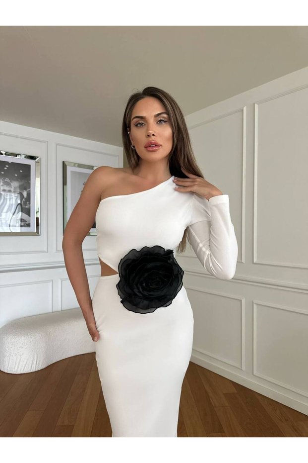 Women's White Lined Imported Crepe Fabric Dress with Rose and Low Waistline Detail