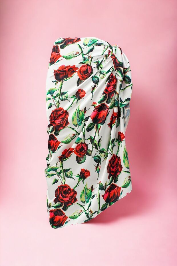 White Red Rose Patterned Long Pareo Satin Women's Beach Dress New Season