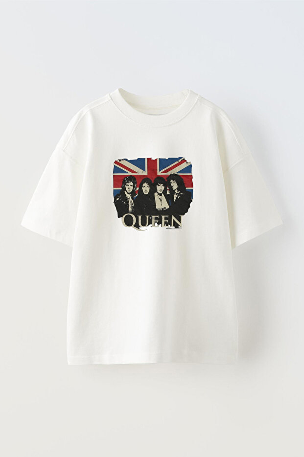 Unisex White Oversize Cotton Queen Uk Flag Printed Knitted T-Shirt