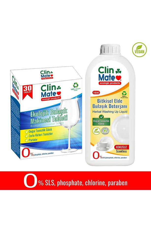2'li Set Ekolojik Bulaşıl Tableti 30 yk + Bitkisel Elde Bulaşık Deterjanı KOKUSUZ 750 ml - 1