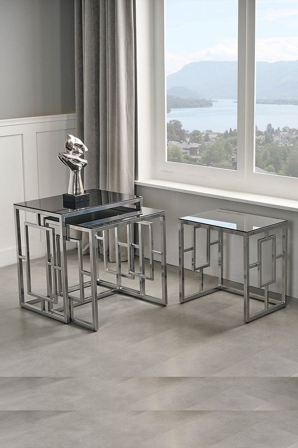 Nova Gümüş Metal Ayak Füme Aynalı Zigon Sehpa - 3