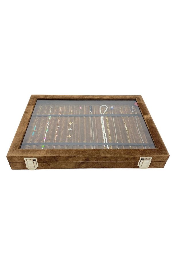 Bileklik Kolye Organizer Kutusu Camlı Koleksiyon Kutusu Kahve - 3