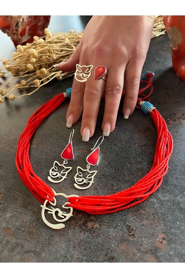 925 Ayar Gümüş Kolye Küpe Yüzük Kök Mercan Kedili Set Takı - 8