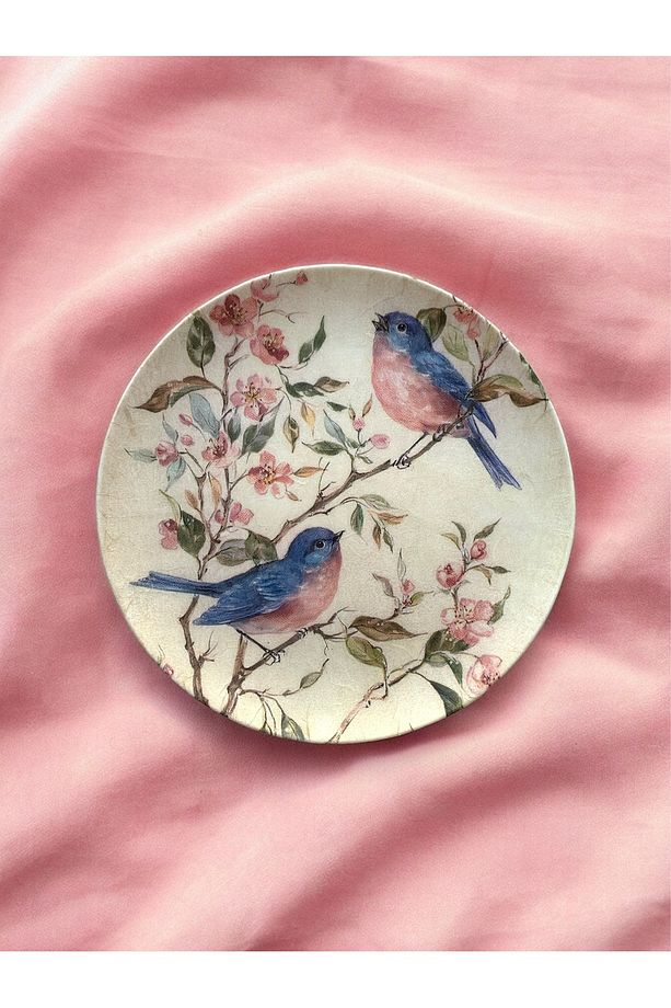 Mavı Pembe Kuş Desenli Çiçekli Duvar Tabağı Dekoratif Bahçe Balkon Mutfak Salon Duvar Süsü No:167 - 1
