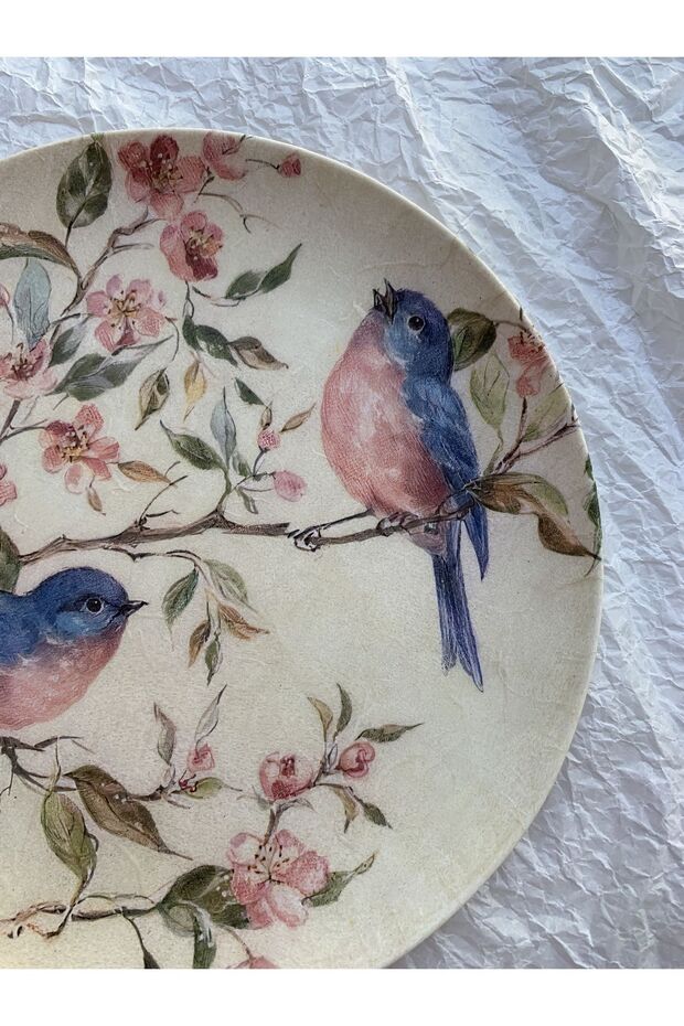 Mavı Pembe Kuş Desenli Çiçekli Duvar Tabağı Dekoratif Bahçe Balkon Mutfak Salon Duvar Süsü No:167 - 4