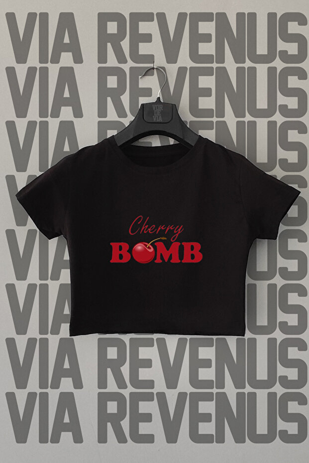 Cherry Bomb Printed Slim Fit Crew Neck Lycra Black Crop