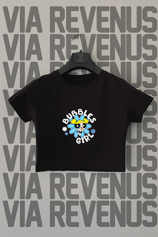 Powerpuff Girls Bubbles Printed Slim Fit Crew Neck Lycra Black Crop