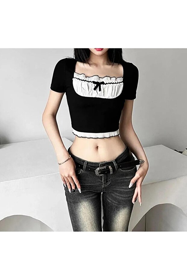 Y2K Streetwear Shirred Neckline Retro Crop